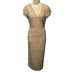 Mac Duggal V Neckline Fully Beaded Ruffled Sleeves Dress Gown Size 4